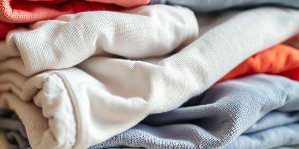 Soft, colorful baby clothes folded in a stack.