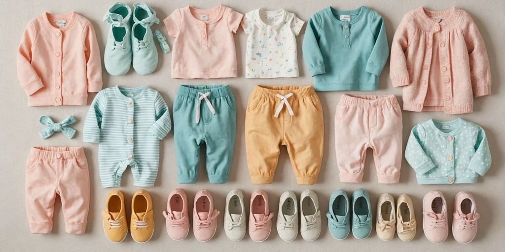 Baby capsule wardrobe with pastel clothes and accessories.