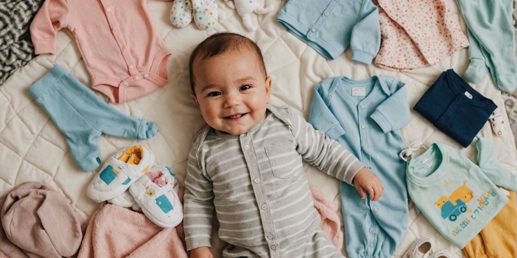Baby with various clothes on a blanket