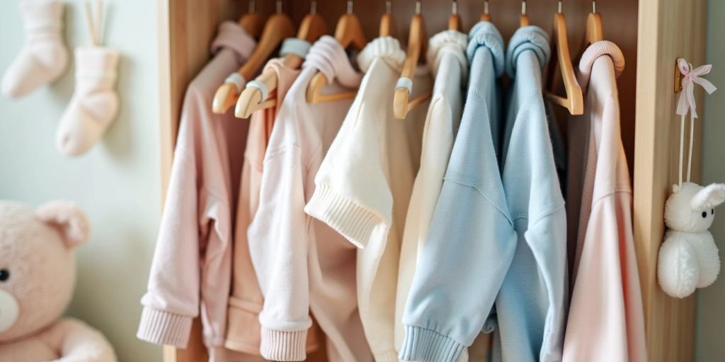 Organized baby wardrobe with pastel clothes and accessories.